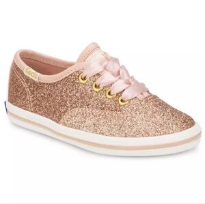 Kate Spade For Keds Rose Gold Champion Glitter Sneakers Satin Laces Size 5M Todd